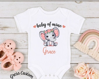 Personalized Baby Of Mine Elephant Baby Infant Bodysuit, Floral Watercolor Elephant Bodysuit, Baby Shower Gift For Girl With Baby Name