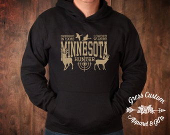 Minnesota Hunter Black Hoodie For Youth and Adult, Kids Hunting Sweatshirt, Camouflage Design Option, Deer Hunting Shirt., Outdoorsman Gift