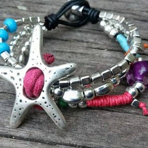 Pulsera, Pulsera de cuero, Pulsera de mujer, Pulsera bañada en plata, Pulsera boho, Joyería boho, Pulsera gruesa de plata, Estilo uno de 50