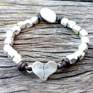 Pulsera de corazón de plata Pulsera de cuero, pulsera de mujer, pulsera bañada en plata, pulsera, joyería, pulsera de plata gruesa, estilo uno de 50