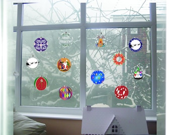 Christmas Baubles Window Decoration/12 assorted designs/Pack of 12 or 24/Window Decoration/Clear transparent film/Repositionable.