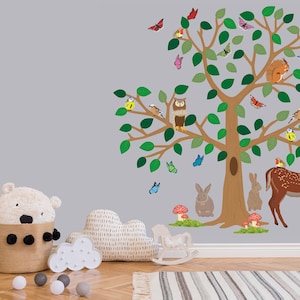 Woodland scene wall stickers with tree and various animals, birds and butterflies