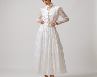 Vintage 90er Jahre weißes Brautkleid, knöchellang, Spitze, leicht gepuffte Ärmel, Stehkragen, abnehmbarer Gürtel in der Taille, Medium