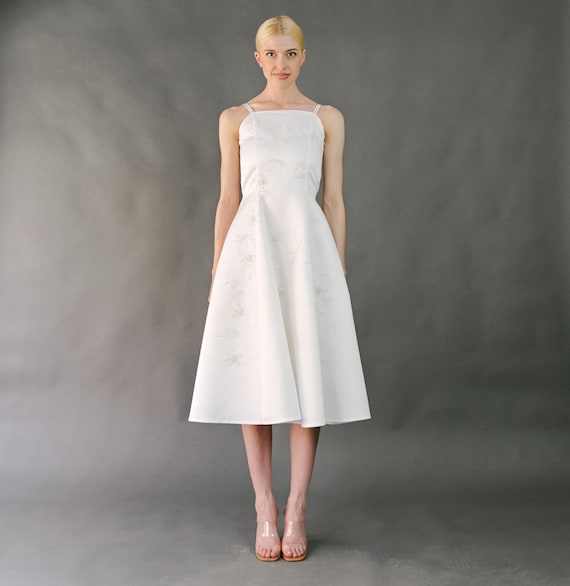 Buy Vintage 60s A-line Tea Length Wedding Dress: Embroidered