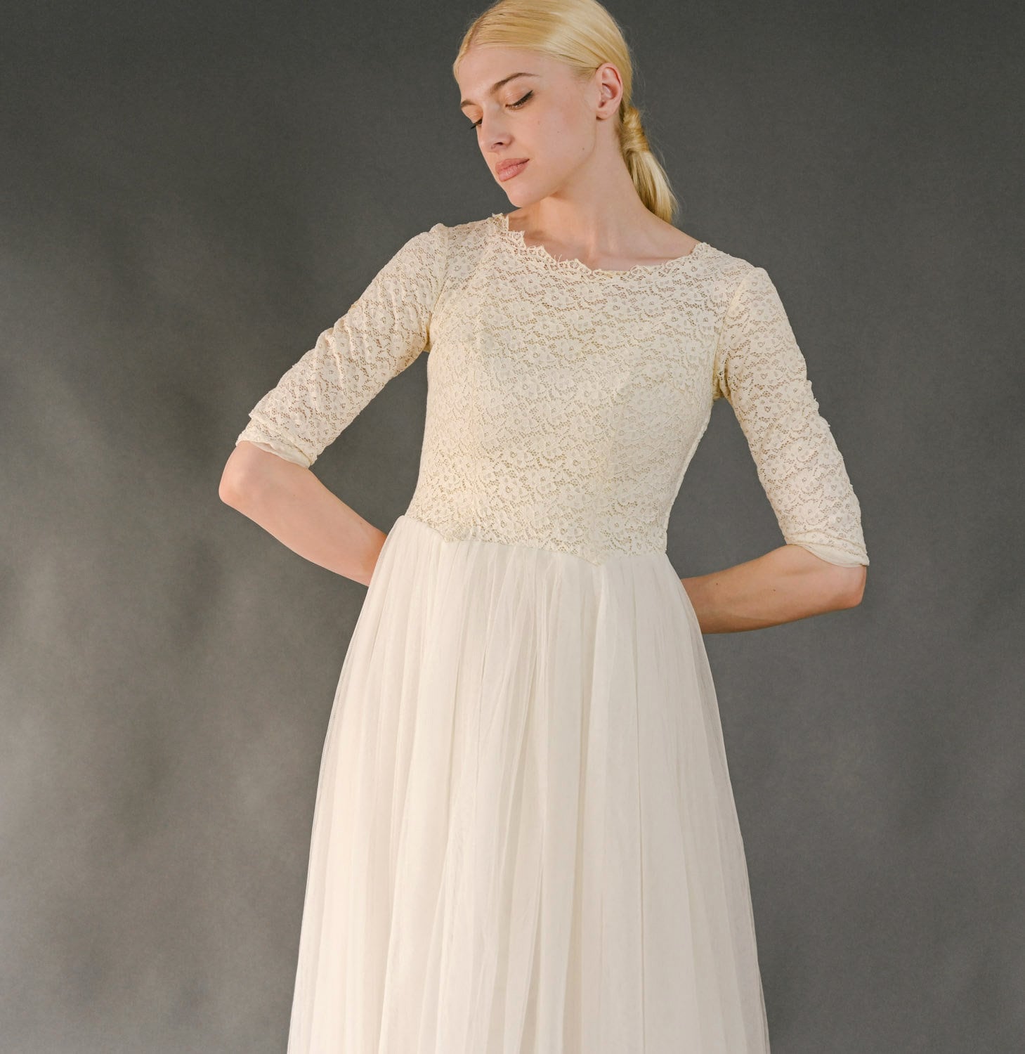 Vintage 1980s Cream Lace Victorian Wedding Dress