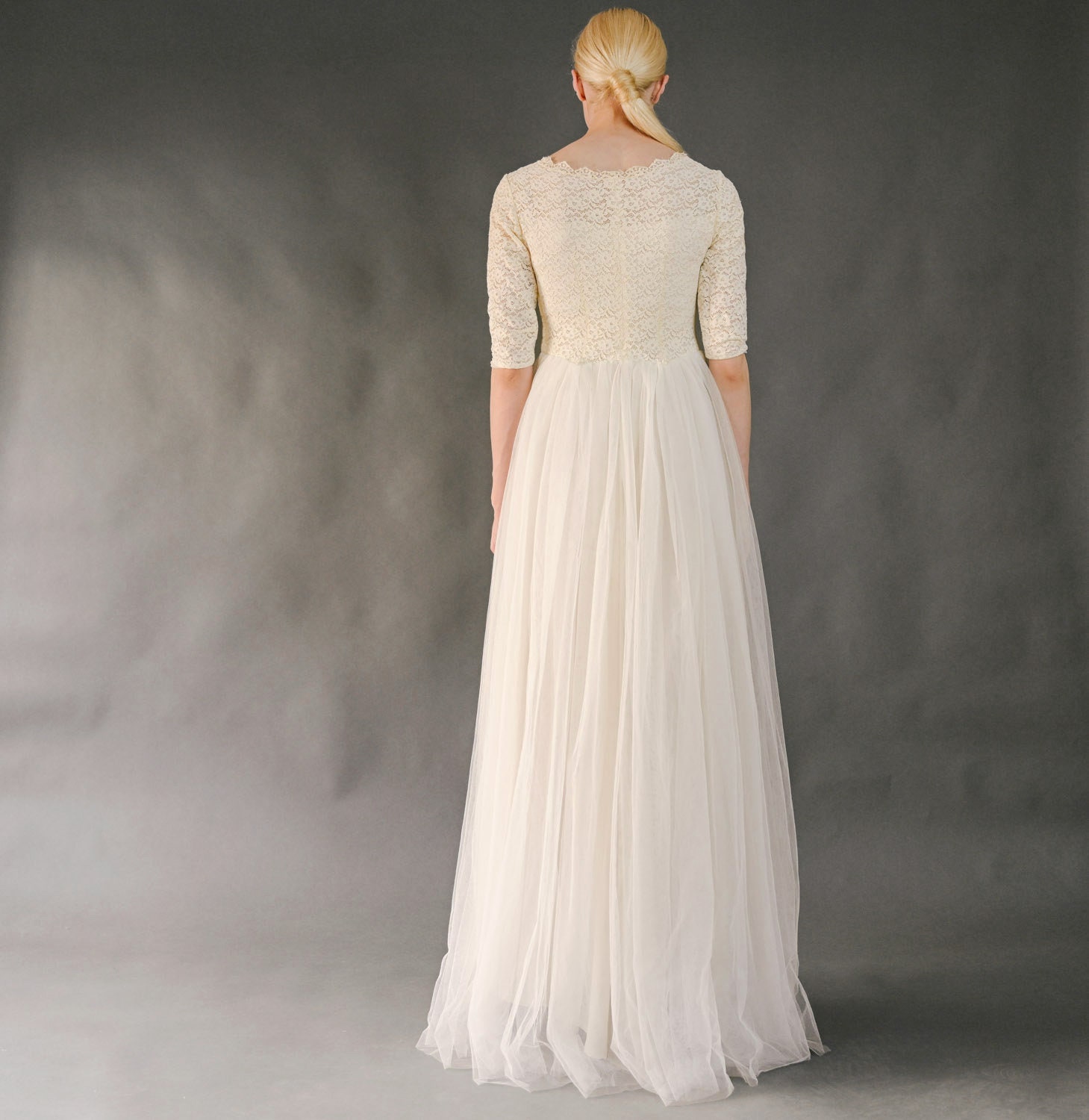 Vintage 1970s Edwardian Style Cream Lace Wedding Dress