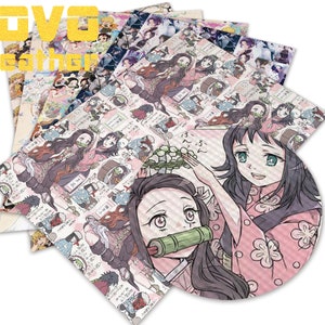 May include: A collection of patterned leather sheets featuring anime characters. The sheets display various illustrations of characters in vibrant colors. The text "VOVO leather" is visible in yellow. The overall theme is anime-inspired craft supplies.