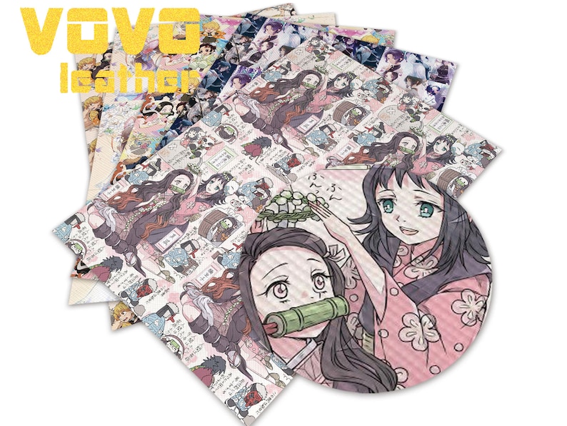 May include: A collection of patterned leather sheets featuring anime characters. The sheets display various illustrations of characters in vibrant colors. The text "VOVO leather" is visible in yellow. The overall theme is anime-inspired craft supplies.
