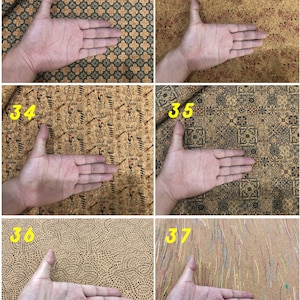 Może przedstawiać: Zbliżenie sześciu r&oacute;żnych pr&oacute;bek tkaniny korkowej z ręką umieszczoną na każdej pr&oacute;bce. Pr&oacute;bki tkaniny prezentują r&oacute;żne wzory, w tym wzory geometryczne, kwiatowe i abstrakcyjne. Liczby 32, 33, 34, 35, 36 i 37 są napisane na ż&oacute;łto na każdej pr&oacute;bce.