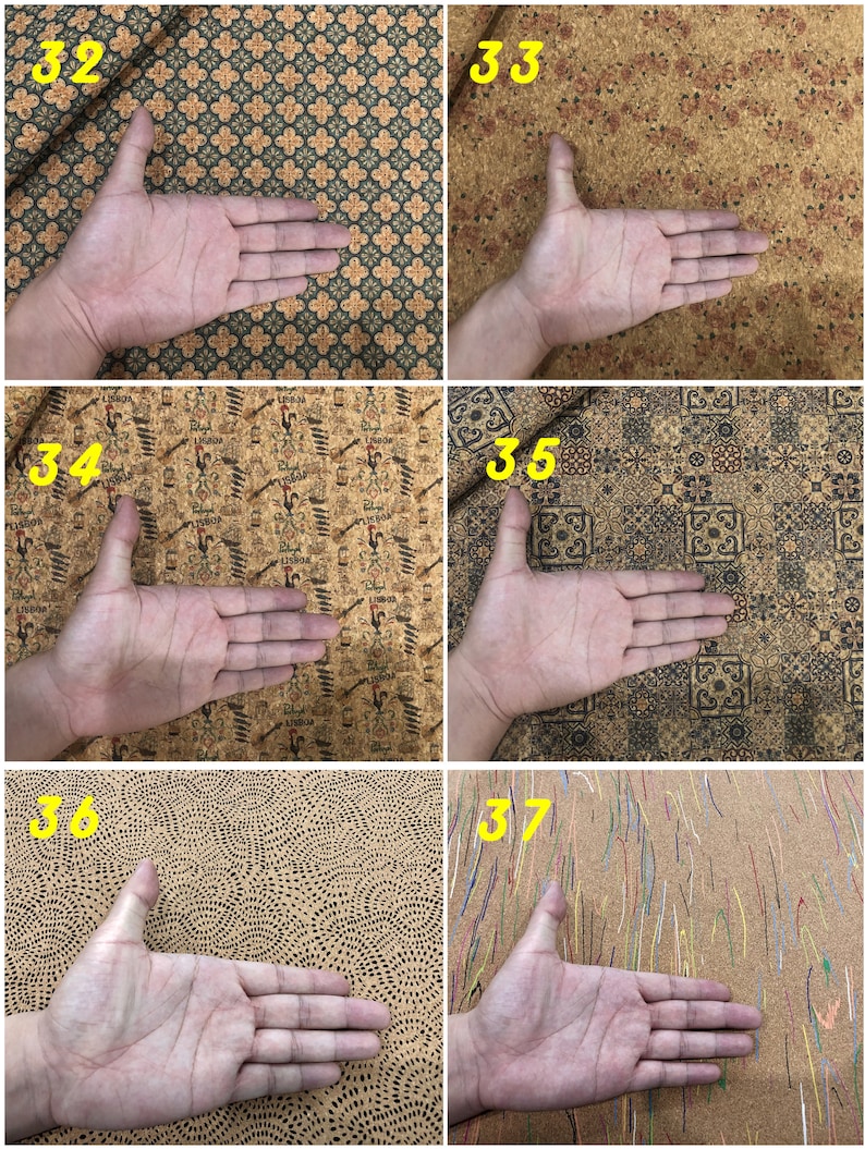 Może przedstawiać: Zbliżenie sześciu r&oacute;żnych pr&oacute;bek tkaniny korkowej z ręką umieszczoną na każdej pr&oacute;bce. Pr&oacute;bki tkaniny prezentują r&oacute;żne wzory, w tym wzory geometryczne, kwiatowe i abstrakcyjne. Liczby 32, 33, 34, 35, 36 i 37 są napisane na ż&oacute;łto na każdej pr&oacute;bce.