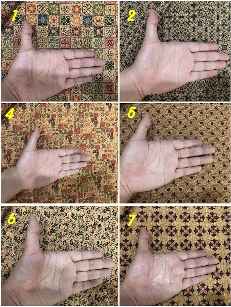 Może przedstawiać: Siedem r&oacute;żnych pr&oacute;bek tkanin z umieszczoną na każdej ręką. Tkaniny są wszystkie wykonane z korka i mają r&oacute;żne wzory, w tym wzory geometryczne, motywy kwiatowe i powtarzające się wzory z napisem "Portugalia".