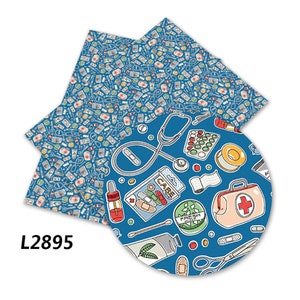 May include: A blue and white patterned fabric with a circle design featuring a variety of medical supplies, including a stethoscope, bandages, pills, and a first aid kit. The text "FRESH MINT" is visible on a small container.