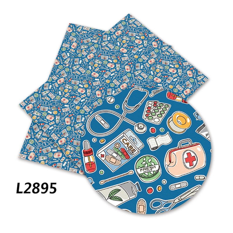 May include: A blue and white patterned fabric with a circle design featuring a variety of medical supplies, including a stethoscope, bandages, pills, and a first aid kit. The text "FRESH MINT" is visible on a small container.