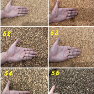 Może przedstawiać: Zbliżenie sześciu r&oacute;żnych powierzchni korkowych, na kt&oacute;rych umieszczono dłoń. Powierzchnie korkowe są w r&oacute;żnych odcieniach brązu i mają r&oacute;żne faktury. Liczby 50, 51, 52, 53, 54 i 55 są napisane na ż&oacute;łto na g&oacute;rze każdej powierzchni korkowej.