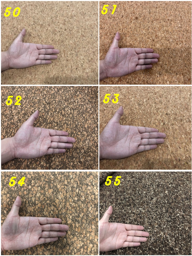 Może przedstawiać: Zbliżenie sześciu r&oacute;żnych powierzchni korkowych, na kt&oacute;rych umieszczono dłoń. Powierzchnie korkowe są w r&oacute;żnych odcieniach brązu i mają r&oacute;żne faktury. Liczby 50, 51, 52, 53, 54 i 55 są napisane na ż&oacute;łto na g&oacute;rze każdej powierzchni korkowej.