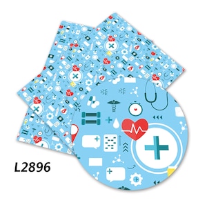 May include: A blue and white patterned fabric with medical icons, including a stethoscope, a heart, a cross, and a pill bottle. The fabric is repeated in a pattern and has the text "L2896" in the bottom left corner.