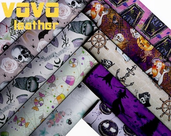 Faux Leather Sheets A4 Size PU Crafting Cartoon  Character Halloween Ghost pumpkin Skull Bat Printed  for bag purse earrings vinyl sheet