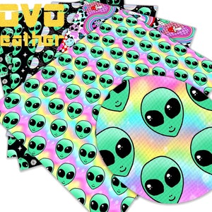 Arkusze ze sztucznej skóry z nadrukiem Alien Cartoon, kolczyki DIY/kokardy do włosów