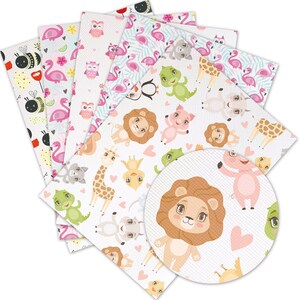 A4 Size Animal Cartoon & Character Printed  Faux Leather Sheets Bundles ,Lion, pig, dinosaur, flamingo, bee, owlvinyl sheet