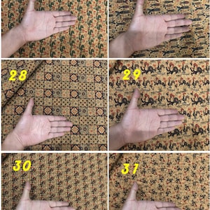 Może przedstawiać: Sześć r&oacute;żnych pr&oacute;bek tkaniny korkowej z r&oacute;żnymi wzorami, w tym kogutami, rybami i wzorami geometrycznymi. Każda pr&oacute;bka jest oznaczona numerem od 26 do 31.