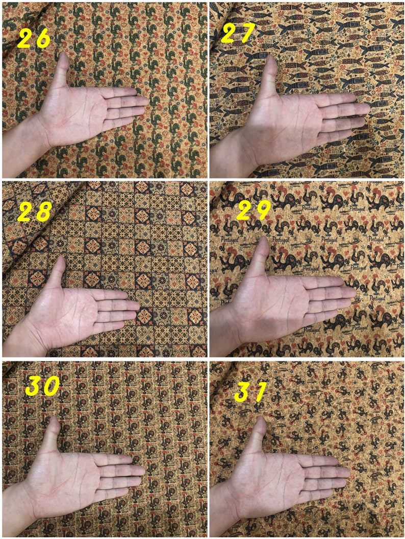 Może przedstawiać: Sześć r&oacute;żnych pr&oacute;bek tkaniny korkowej z r&oacute;żnymi wzorami, w tym kogutami, rybami i wzorami geometrycznymi. Każda pr&oacute;bka jest oznaczona numerem od 26 do 31.