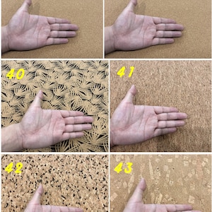 Może przedstawiać: Zbliżenie na cztery r&oacute;żne powierzchnie korkowe, na kt&oacute;rych umieszczono dłoń. Powierzchnie korkowe są ponumerowane 38, 39, 40, 41, 42 i 43.