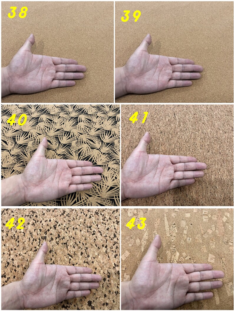 Może przedstawiać: Zbliżenie na cztery r&oacute;żne powierzchnie korkowe, na kt&oacute;rych umieszczono dłoń. Powierzchnie korkowe są ponumerowane 38, 39, 40, 41, 42 i 43.