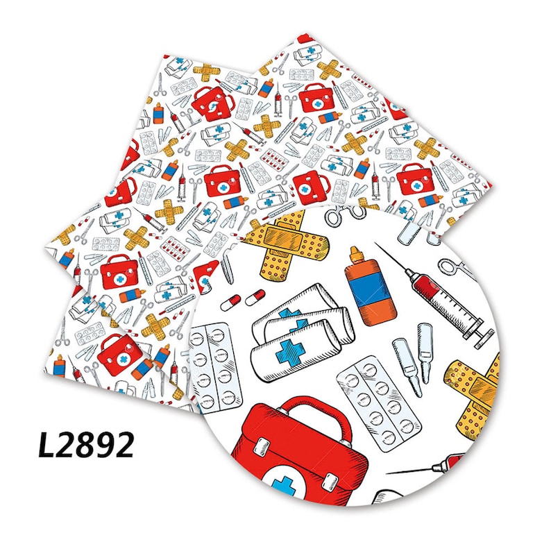 May include: A white background with a repeating pattern of red first aid kits, bandages, pills, and other medical supplies. The pattern is repeated in a circle in the center of the image. The text "L2892" is in the lower left corner of the image.