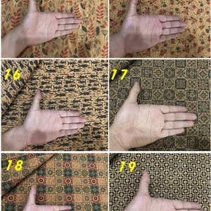 Może przedstawiać: Cztery r&oacute;żne pr&oacute;bki tkaniny korkowej z r&oacute;żnymi wzorami. Pr&oacute;bki są oznaczone numerami 14, 15, 16, 17, 18 i 19. Wzory obejmują wzory kwiatowe, rybne i geometryczne.