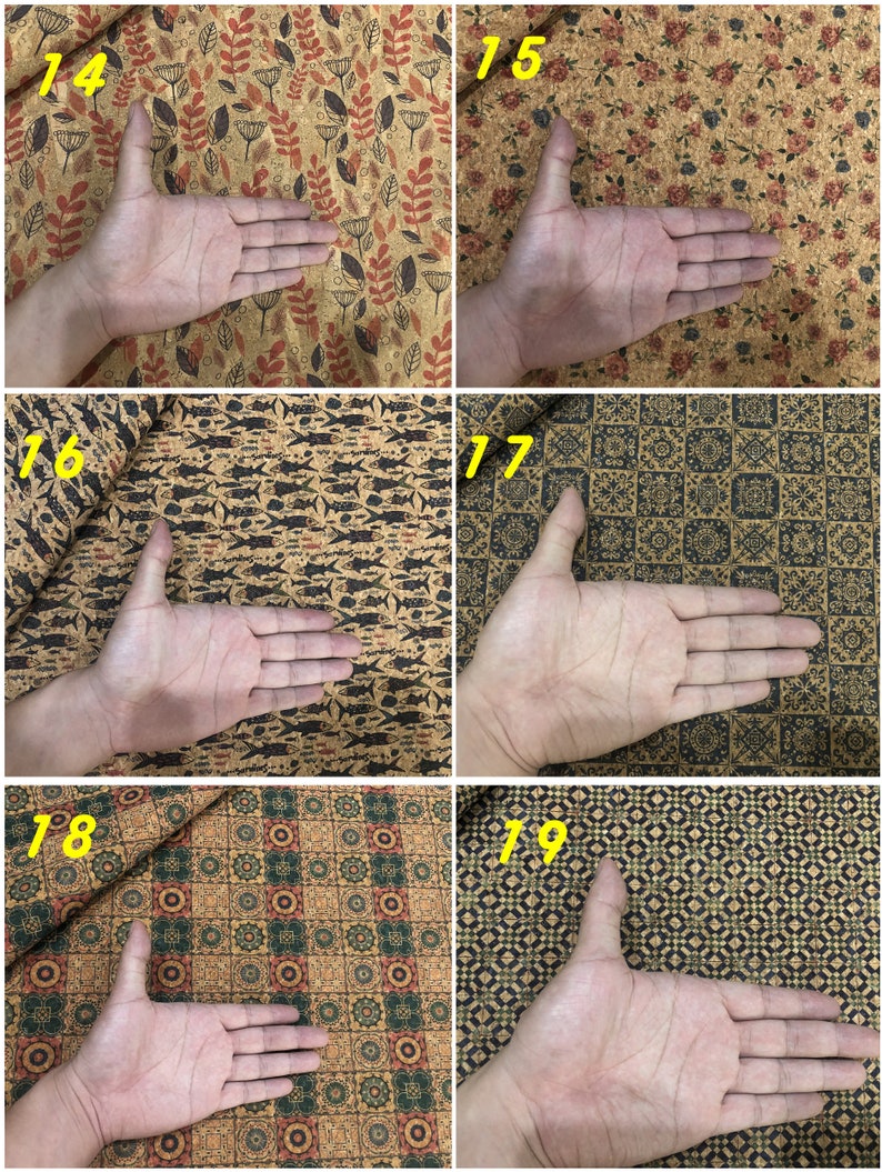 Może przedstawiać: Cztery r&oacute;żne pr&oacute;bki tkaniny korkowej z r&oacute;żnymi wzorami. Pr&oacute;bki są oznaczone numerami 14, 15, 16, 17, 18 i 19. Wzory obejmują wzory kwiatowe, rybne i geometryczne.