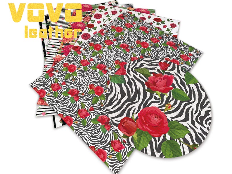 May include: A set of five patterned sheets of faux leather featuring a zebra print with red roses. The sheets are arranged in a fan shape.
