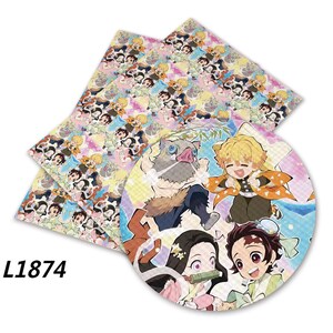 May include: Two sheets of patterned faux leather and a circular piece with anime characters. The sheets have a repeating pattern of characters on a pastel background. The circular piece features four characters with vibrant colors. The text "L1874" is in the lower left corner.