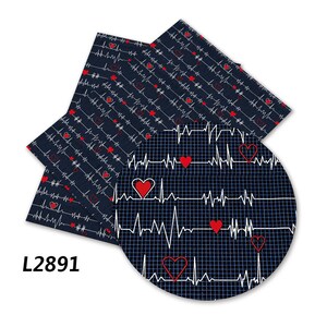 May include: A sheet of blue and white patterned fabric with red hearts and EKG lines. The fabric has the text "L2891" printed on it.
