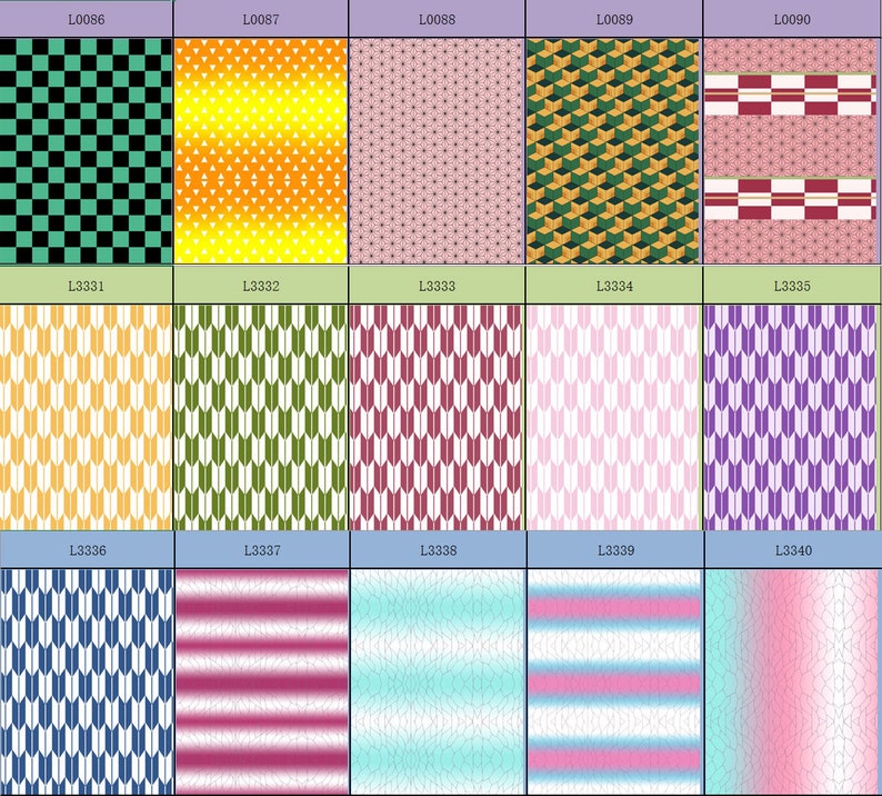 Puede incluir: Una colecci&oacute;n de 15 muestras de tela con diferentes patrones. Las muestras est&aacute;n dispuestas en una cuadr&iacute;cula de 5 filas y 3 columnas. Las muestras presentan una variedad de patrones geom&eacute;tricos, incluyendo dise&ntilde;os a cuadros, a rayas y florales. Las muestras son de varios colores, incluyendo verde, amarillo, rosa, rojo, azul y morado.