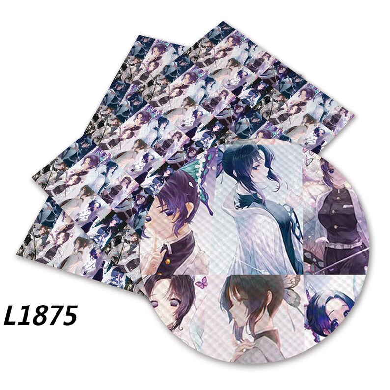 May include: Sheets of printed fabric featuring anime-style illustrations of a female character with dark hair and purple eyes. The design includes a circular piece with multiple images of the character. The text "L1875" is visible.