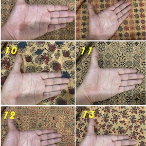 Może przedstawiać: Sześć zbliżeń tkaniny korkowej z r&oacute;żnymi wzorami. Każdy obraz pokazuje dłoń umieszczoną na tkaninie, aby pokazać skalę.