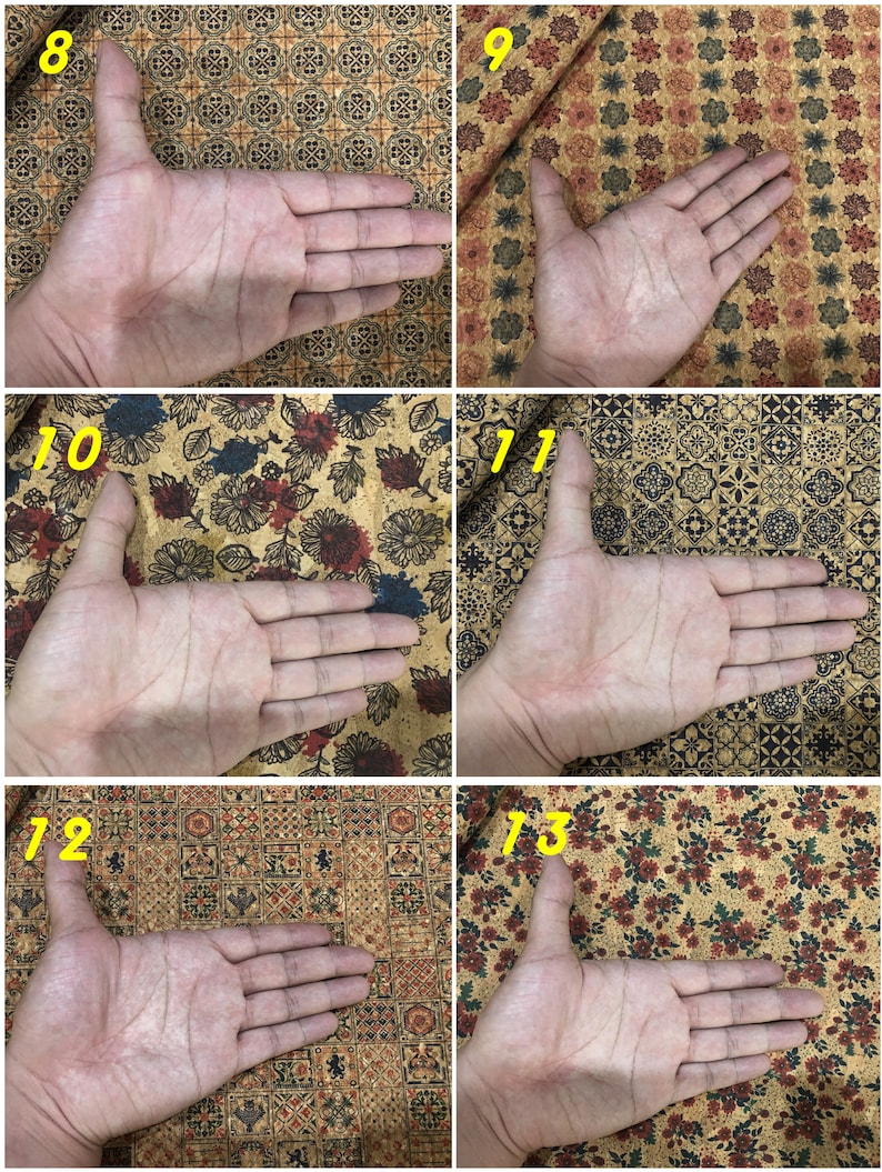 Może przedstawiać: Sześć zbliżeń tkaniny korkowej z r&oacute;żnymi wzorami. Każdy obraz pokazuje dłoń umieszczoną na tkaninie, aby pokazać skalę.