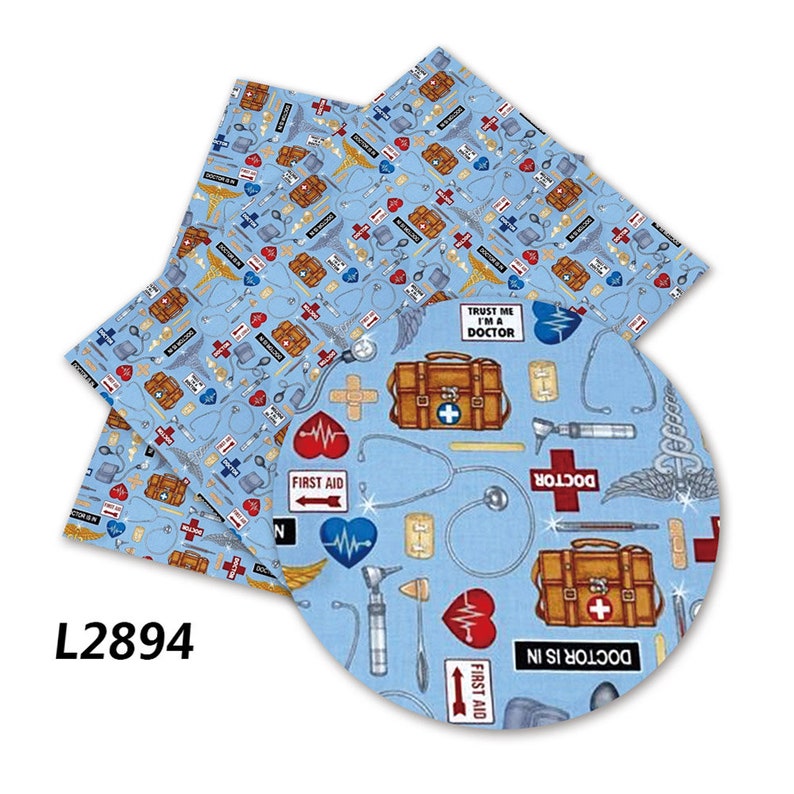 May include: A blue fabric with a repeating pattern of medical symbols, including a stethoscope, a first aid kit, a heart, a bandage, and a doctor's bag. The text "Trust me I'm a doctor" is also included in the pattern.