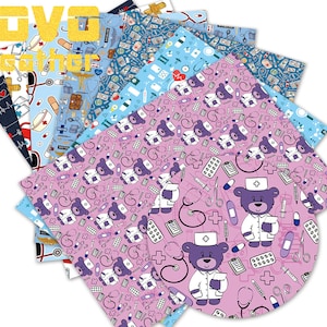 May include: A set of 8 patterned scrapbook paper sheets featuring a cute cartoon bear wearing a doctor's uniform and medical supplies. The paper is pink, blue, and white with a variety of medical-themed designs.