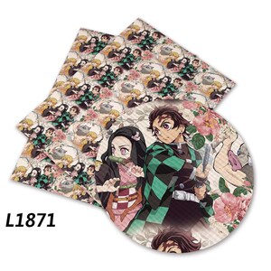 May include: Two sheets of printed fabric featuring anime characters and floral patterns. One sheet is round, the other two are rectangular. The characters are in various poses, with a color palette of pink, green, and black. The text "L1871" is visible.