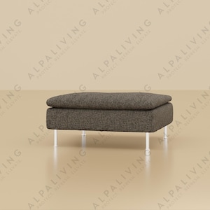 May include: A modern living room scene featuring a brown upholstered ottoman with silver legs. A floor lamp with a dark shade stands to the left. The background is a neutral beige color. The ottoman is a square shape.