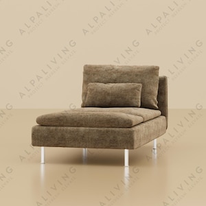 May include: A modern chaise lounge in a neutral brown fabric with a matching lumbar pillow. The sofa has silver legs and is paired with a gold floor lamp with a dark brown shade. Home decor.