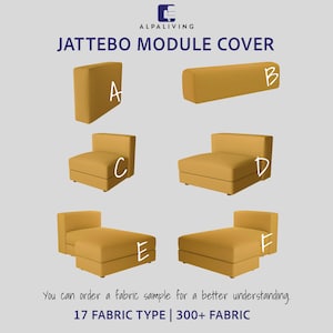 Puede incluir: Imagen de varias fundas de módulos Jattebo de color mostaza, que incluyen un cuadrado, una pieza rectangular larga y varias configuraciones de asientos modulares. El texto dice "JATTEBO MODULE COVER" y "17 FABRIC TYPE | 300+ FABRIC".
