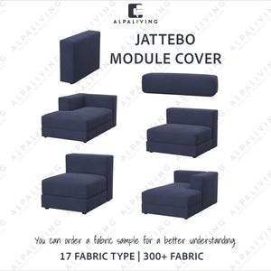 May include: A collection of navy blue Jattebo module covers in various shapes, including a rectangular ottoman, a corner piece, and individual seat modules. The image includes the text "JATTEBO MODULE COVER", "17 FABRIC TYPE | 300+ FABRIC", and "You can order a fabric sample for a better understanding".
