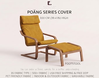 May include: A mustard yellow armchair and matching footstool with a dark wood frame. The text reads POÄNG SERIES COVER, 100 CM (39.4 IN) HIGH, and FOOTSTOOL. The chair features a high backrest and curved armrests, designed for the Poäng series.