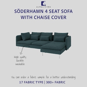 May include: A teal-colored SÖDERHAMN 4-seat sofa with chaise cover. The sofa has multiple cushions and sits on silver legs. Text on the image reads "high quality, durable, washable". The image also includes the text "17 FABRIC TYPE | 300+ FABRIC".