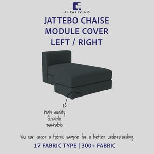 May include: A dark gray Jattebo chaise module cover, with a backrest on the left side. The image includes text indicating the cover is available for left or right configurations. The text also mentions high quality, durable, and washable fabric.