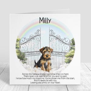 Biglietto di condoglianze personalizzato per la perdita del cane - Biglietto di condoglianze per cani Airdale - Ricordo del Ponte dell'Arcobaleno - Biglietto commemorativo per cani - Regalo di lutto per il proprietario di un animale domestico