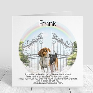 Biglietto di condoglianze personalizzato per la perdita del cane - Biglietto di condoglianze per il cane Foxhound - Ricordo del Ponte dell'Arcobaleno - Biglietto commemorativo per cani - Regalo di lutto per gli amanti degli animali