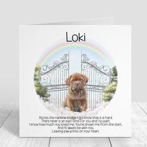 Biglietto di condoglianze personalizzato per la perdita del cane - Biglietto di condoglianze per Dogue de Bordeaux - Ricordo del Ponte dell'Arcobaleno - Biglietto commemorativo per cani - Regalo per lutto